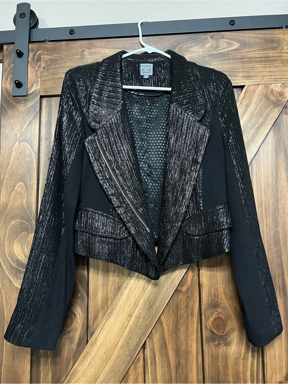 Seventy Two Changes Metallic Cropped Moto Blazer Jacket Black Silver Size 8